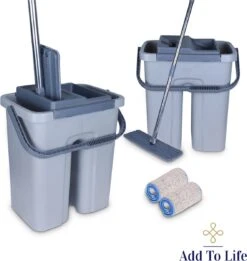 Add To Life Dweilsysteem Vloerwisser - Mop - Self-wash- En Droogsysteem - 2 Stuks Absorberende Pads - Met Emmer - Grijs