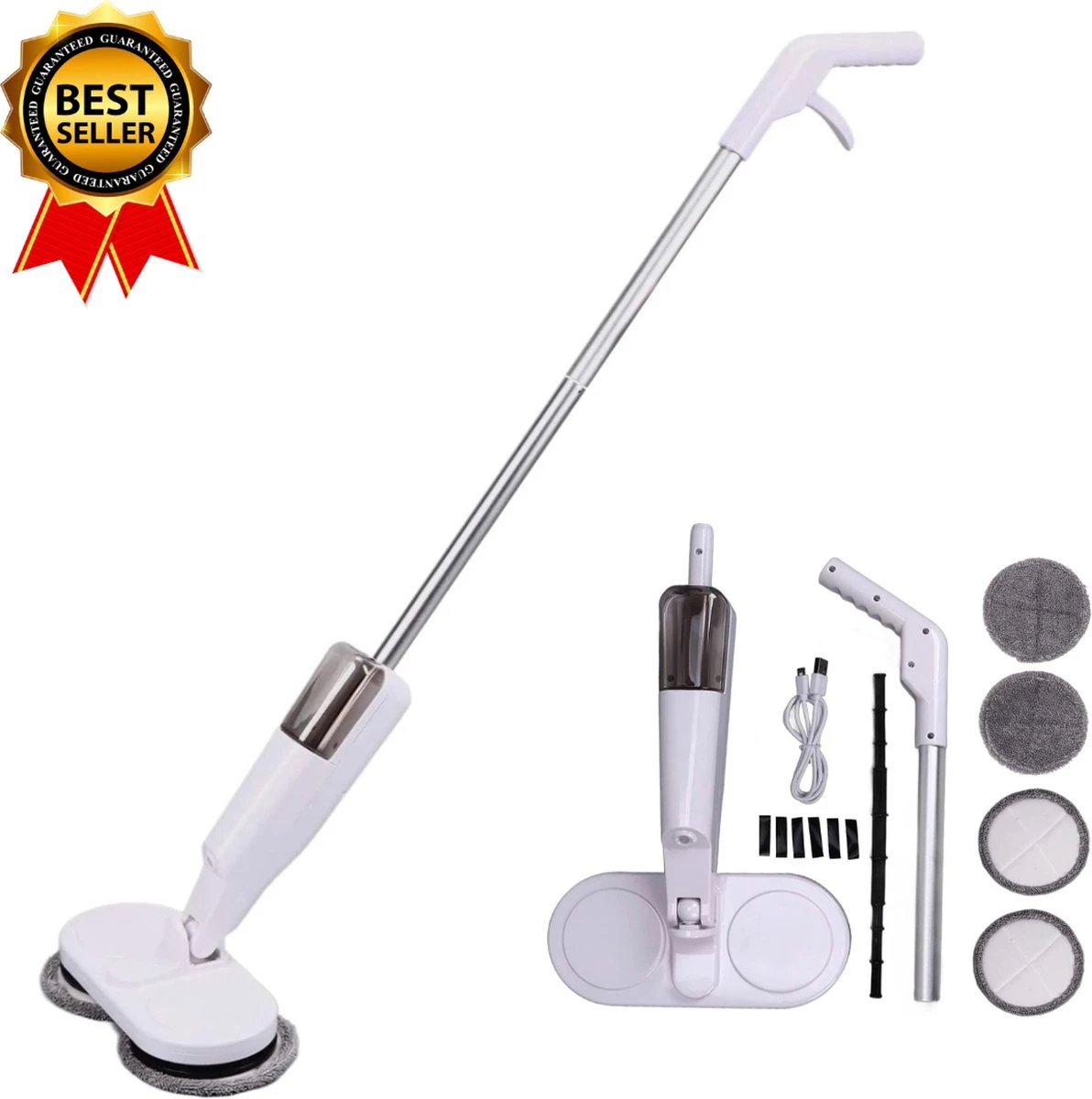 Elektrische Dweil - Elektrische Mop - Dweilapparaat - Elektrische Vloerreiniger - Draadloze Dweil - Incl. Batterijen - Wit/Zilver - 3 Elektrische Dweil - Elektrische Mop - Dweilapparaat - Elektrische Vloerreiniger - Draadloze Dweil - Incl. Batterijen - Wit/Zilver -