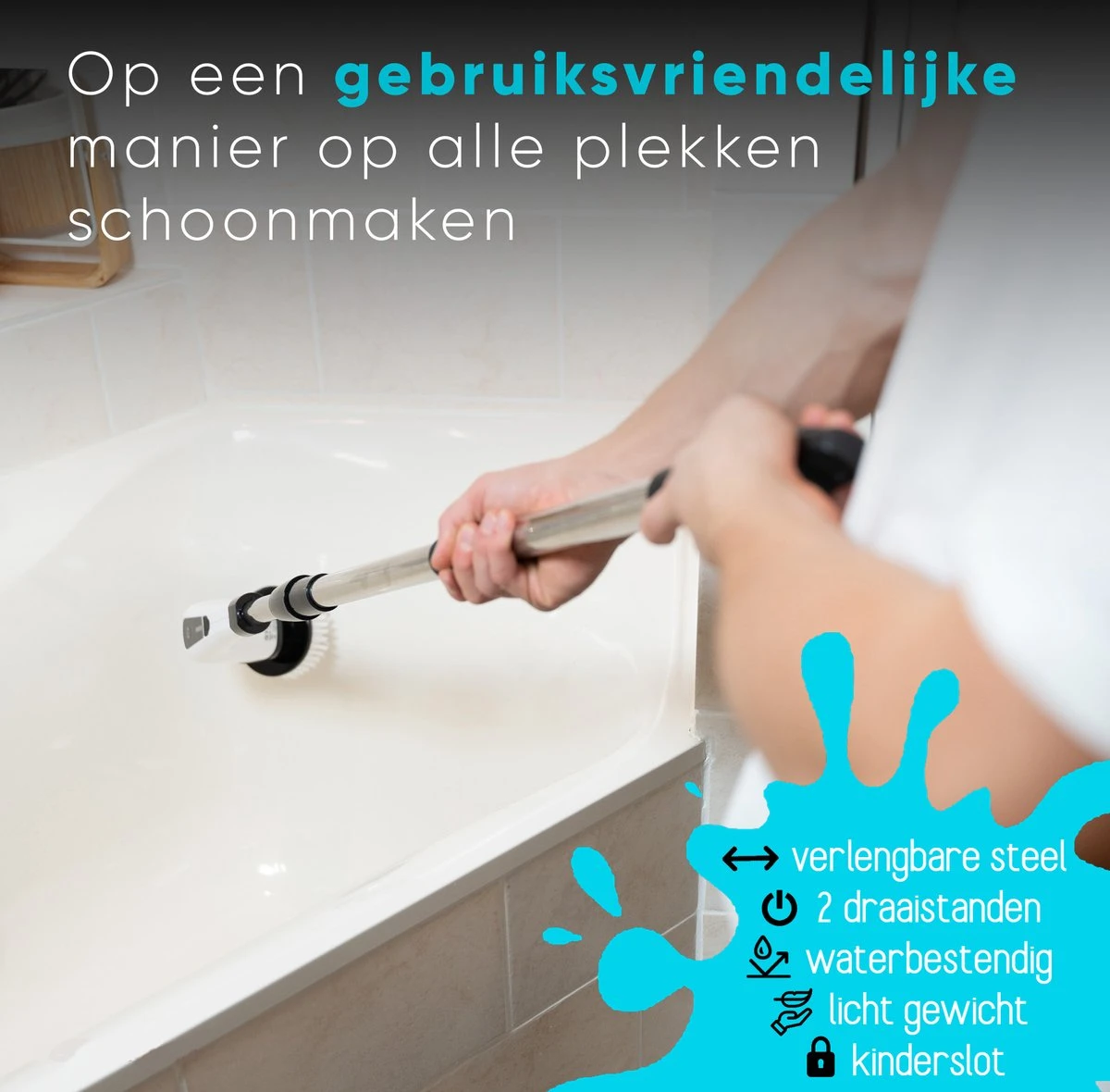 Merkloos Scrubclean Elektrische Schoonmaakborstel-7 In 1 Schrobber Met Steel-2 Standen Poetsmachine-max 130cm-badkamer/keuken/auto +gratis Houder 4 Merkloos Scrubclean Elektrische Schoonmaakborstel-7 In 1 Schrobber Met Steel-2 Standen Poetsmachine-max 130cm-badkamer/keuken/auto +gratis Houder - Afbeelding 2