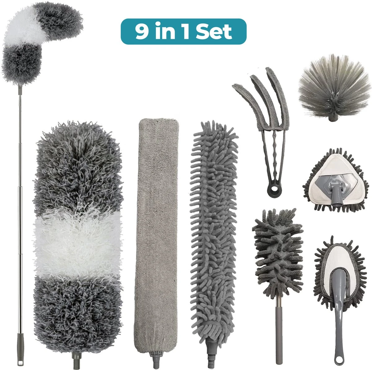 NovaBeau Plumeau Met Telescoopsteel – Microvezel Ragebol Uitschuifbaar - 9-delig Duster Set Met Voegenborstel – RVS Stoffer – Grijs Chenille Borstel – Wasbaar En Draaibaar 3 NovaBeau Plumeau Met Telescoopsteel – Microvezel Ragebol Uitschuifbaar - 9-delig Duster Set Met Voegenborstel – RVS Stoffer – Grijs Chenille Borstel – Wasbaar En Draaibaar