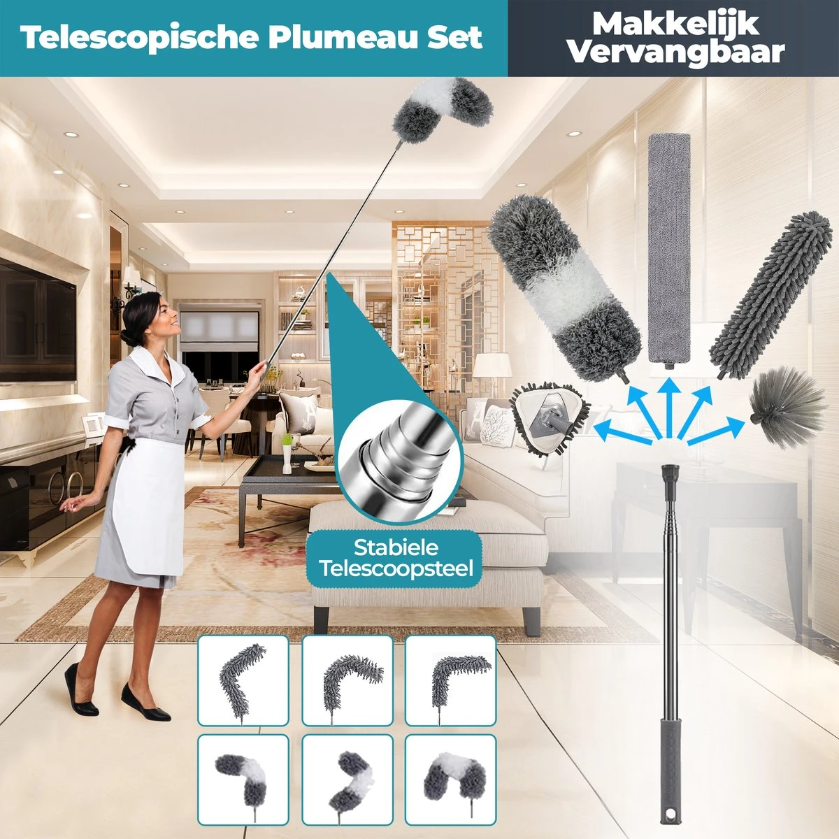 NovaBeau Plumeau Met Telescoopsteel – Microvezel Ragebol Uitschuifbaar - 9-delig Duster Set Met Voegenborstel – RVS Stoffer – Grijs Chenille Borstel – Wasbaar En Draaibaar 7 NovaBeau Plumeau Met Telescoopsteel – Microvezel Ragebol Uitschuifbaar - 9-delig Duster Set Met Voegenborstel – RVS Stoffer – Grijs Chenille Borstel – Wasbaar En Draaibaar - Afbeelding 5