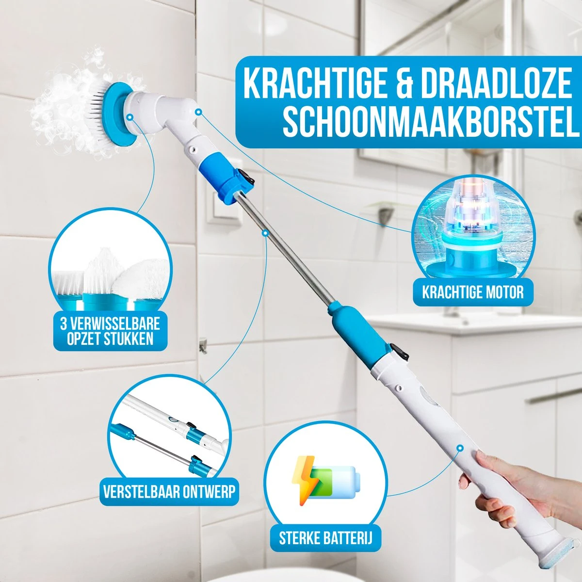 Strex Elektrische Schoonmaakborstel - Draadloze Schrobborstel - Schrobber - 3 Opzetstukken - Telescoopsteel - Poetsmachine Met Krachtige Accu 6 Strex Elektrische Schoonmaakborstel - Draadloze Schrobborstel - Schrobber - 3 Opzetstukken - Telescoopsteel - Poetsmachine Met Krachtige Accu - Afbeelding 4