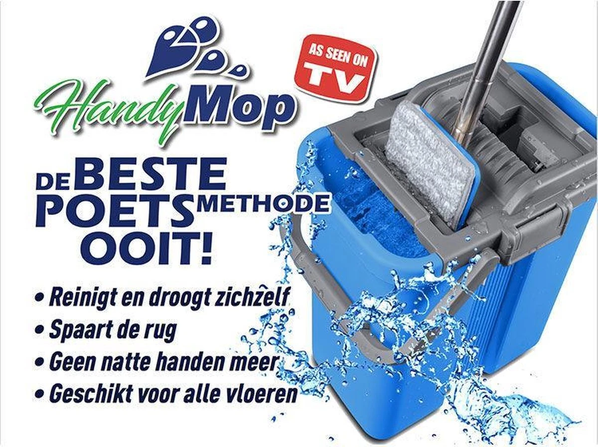 Handy Mop - Dweilsysteem - Vloerwisser - Emmer Met Wringer - Blauw 6 Handy Mop - Dweilsysteem - Vloerwisser - Emmer Met Wringer - Blauw - Afbeelding 4
